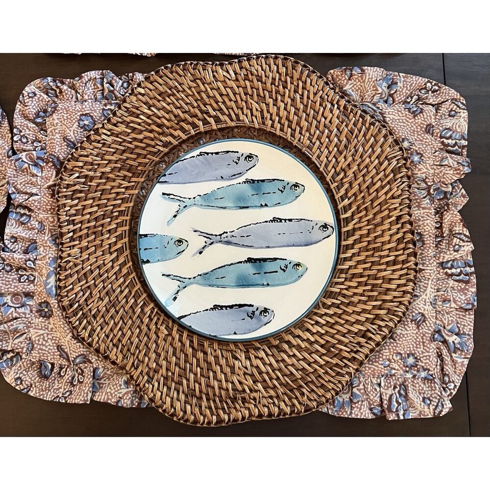 Papart Hand Painted Fish Ceramic Dinner Plates Round White/Blue Set of 4